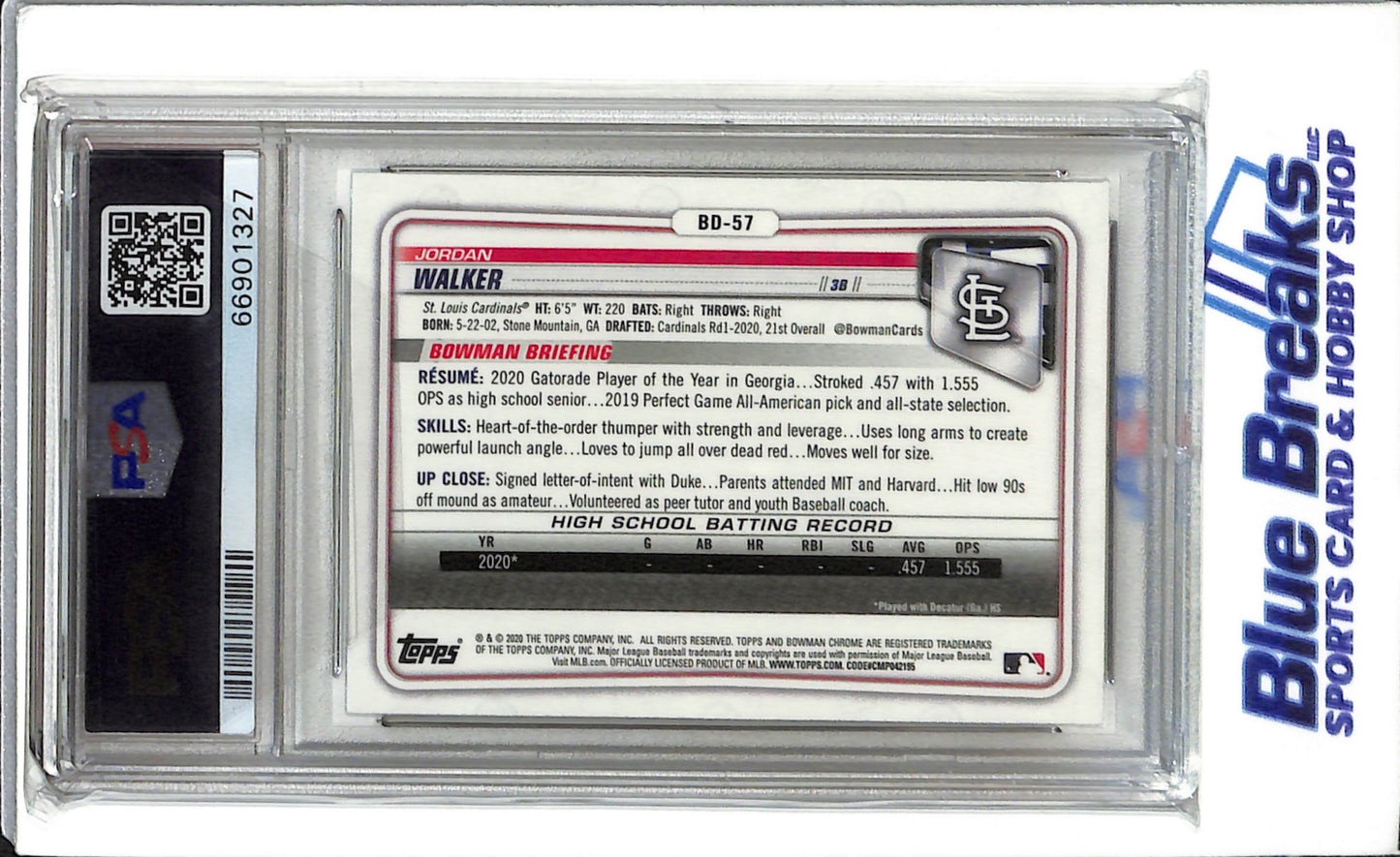 2020 Bowman Draft - Chrome - Jordan Walker - #BD57 - PSA 10 - Baseball - St. Louis Cardinals