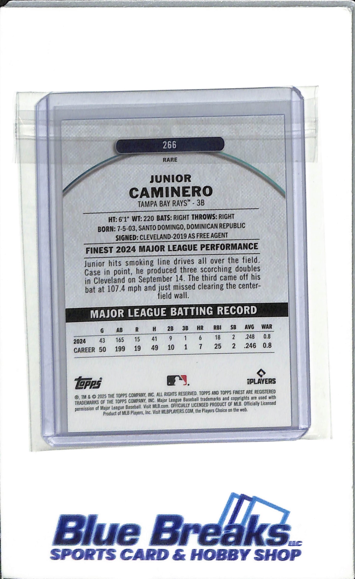 2025 Topps Finest - Blue Checkerboard Refractor - Junior Caminero - #266 - 39-49 -Baseball - Tampa Bay Rays - Drop
