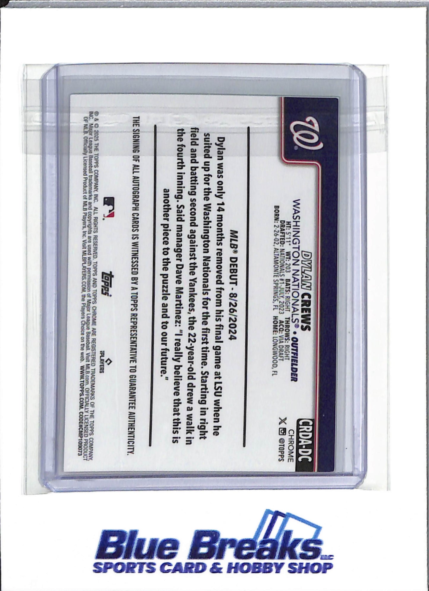 2025 Topps Chrome - Green Refractors - Dylan Crews - auto - 1/99 - #CRDA-DC - RC - Baseball - Washington Nationals - drop