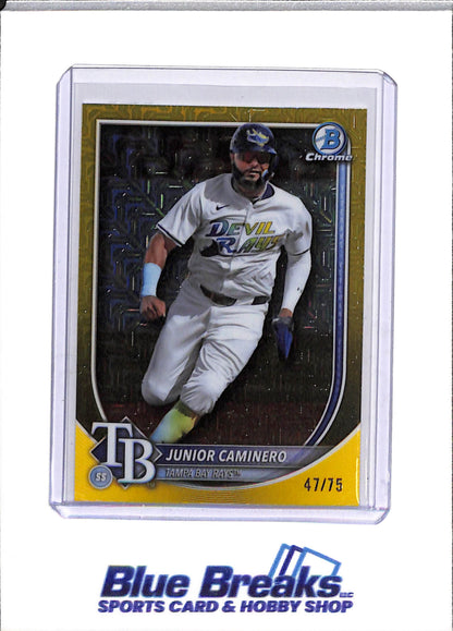 2025 Topps - Bowman Chrome - Yellow Refractor - Junior Caminero - 47/75 - #80 - Baseball - Rays - drop
