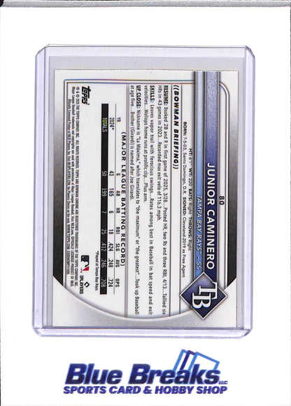 2025 Topps - Bowman Chrome - Yellow Refractor - Junior Caminero - 47/75 - #80 - Baseball - Rays - drop