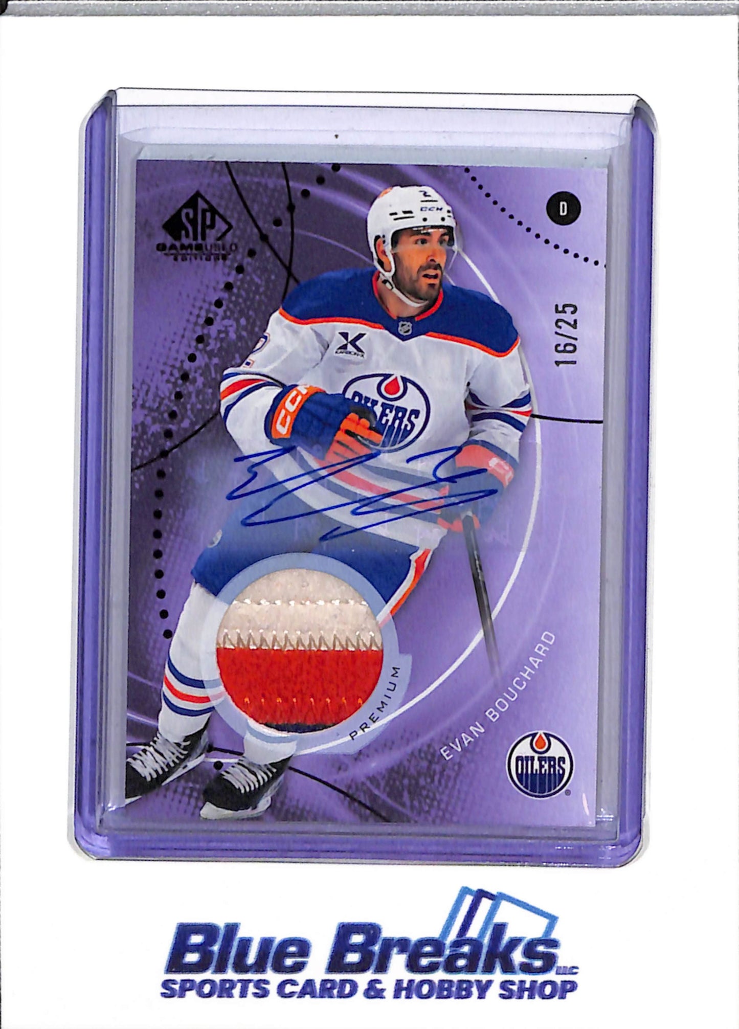 2025-26 Upper Deck - Game Used Edition - Purple Autograph Premium Memorabilia - Evan Bouchard - 16/25 - #32 - Ice Hockey - Oilers - drop