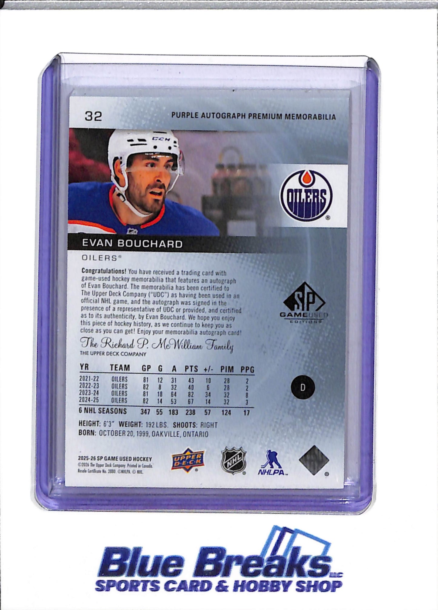 2025-26 Upper Deck - Game Used Edition - Purple Autograph Premium Memorabilia - Evan Bouchard - 16/25 - #32 - Ice Hockey - Oilers - drop