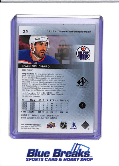 2025-26 Upper Deck - Game Used Edition - Purple Autograph Premium Memorabilia - Evan Bouchard - 16/25 - #32 - Ice Hockey - Oilers - drop
