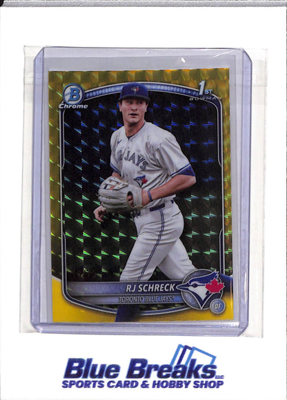2025 Topps - Bowman Chrome - Prospects - Yellow Geometric - RJ Schreck - 13/75 - #BCP-181 - Baseball - Blue Jays - drop