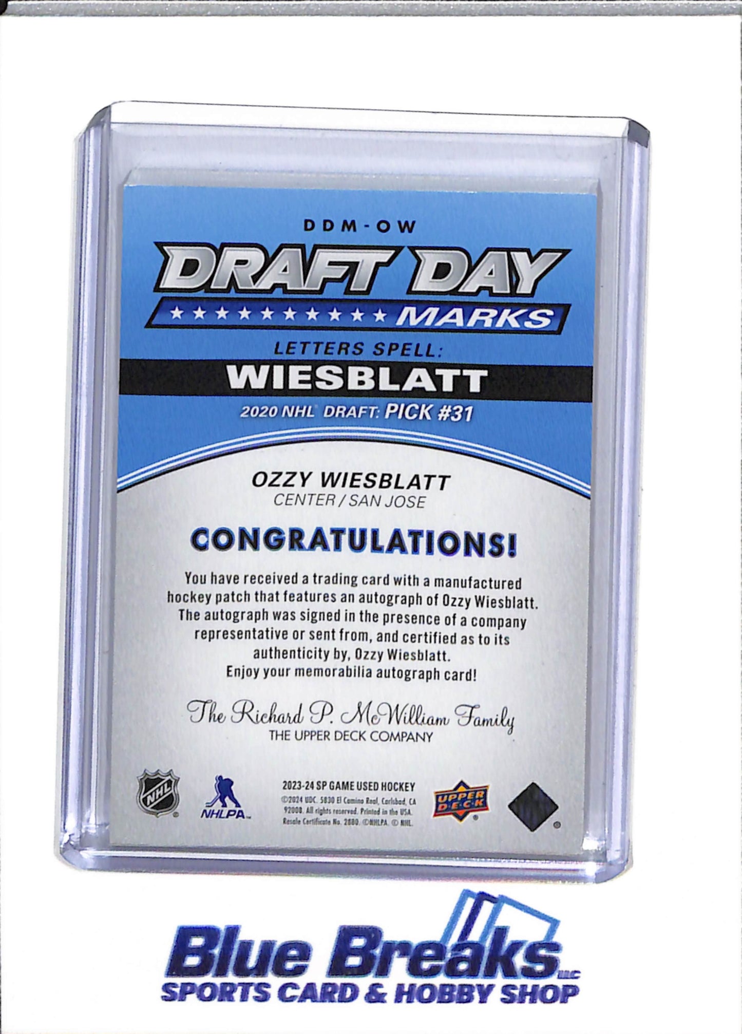 2023-24 Upper Deck - Draft Day Marks - Auto Relic - Ozzy Wiesblatt - 28/35 - #DDM-OW - Ice Hockey - Sharks - drop