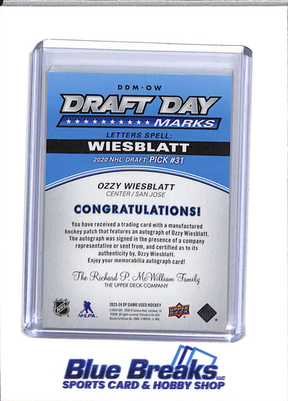 2023-24 Upper Deck - Draft Day Marks - Auto Relic - Ozzy Wiesblatt - 28/35 - #DDM-OW - Ice Hockey - Sharks - drop