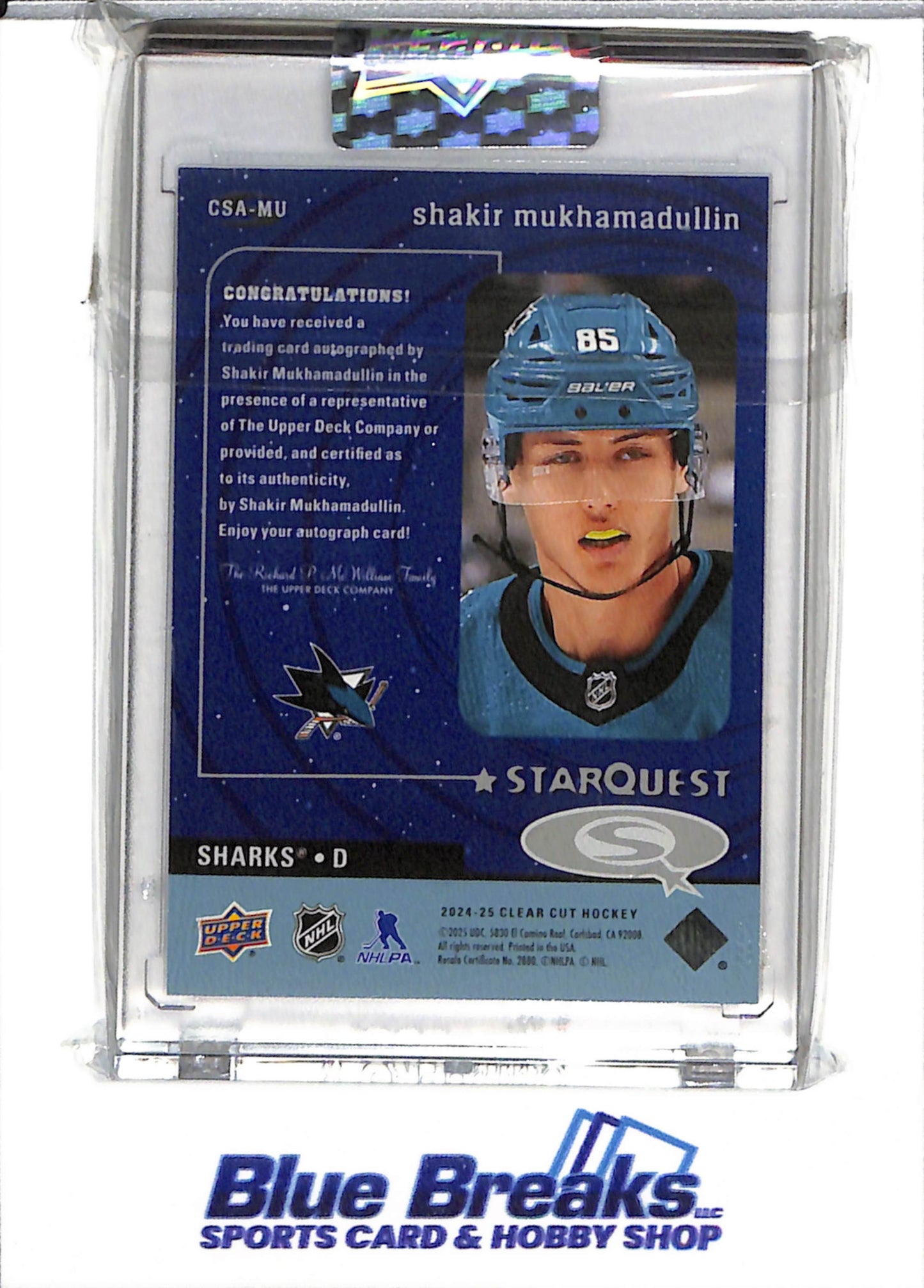 2024-25 Upper Deck - Collector's Choice - StarQuest - Auto - Aqua Foil - Shakir Mukhamadullin - #CSA-MU - Ice Hockey - Sharks - drop