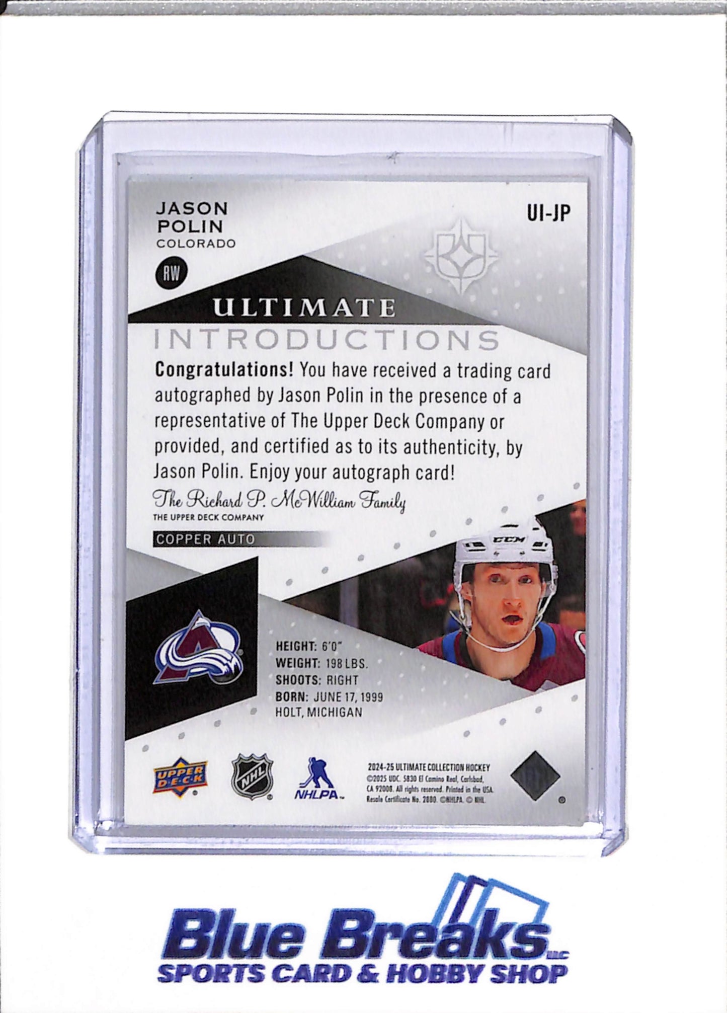 2024-25 Upper Deck - Ultimate Introductions - Copper Auto - Jason Polin - #UI-JP - Ice Hockey - Avalanche - drop