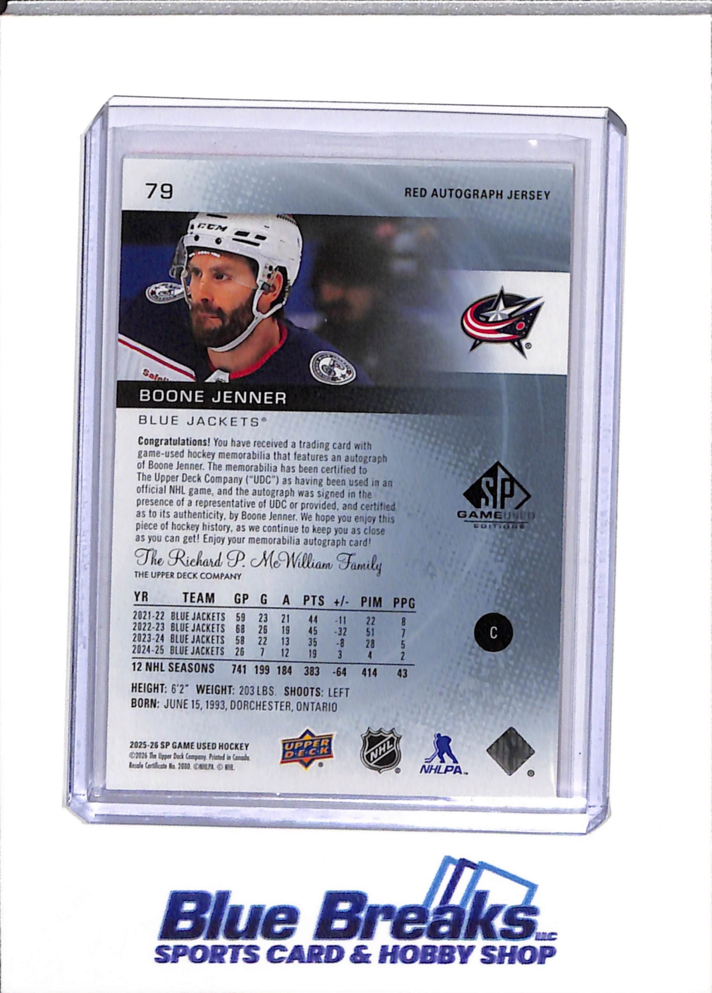 2025-26 Upper Deck - Game Used Edition - Red Autograph Jersey - Boone Jenner - 005/149 - #79 - Ice Hockey - Avalanche - drop