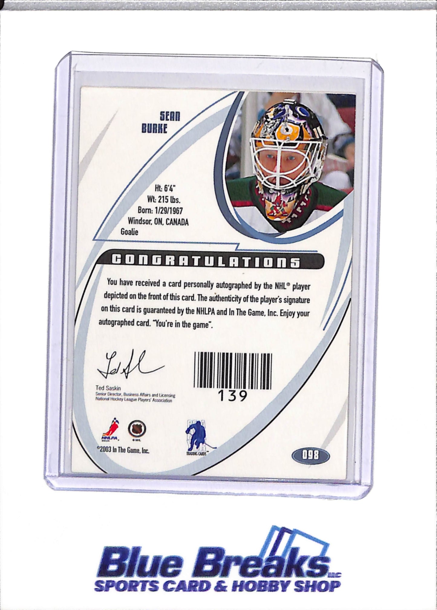 2003 In The Game - Signature - Auto - Sean Burke - #D98 - Ice Hockey - Coyotes - drop