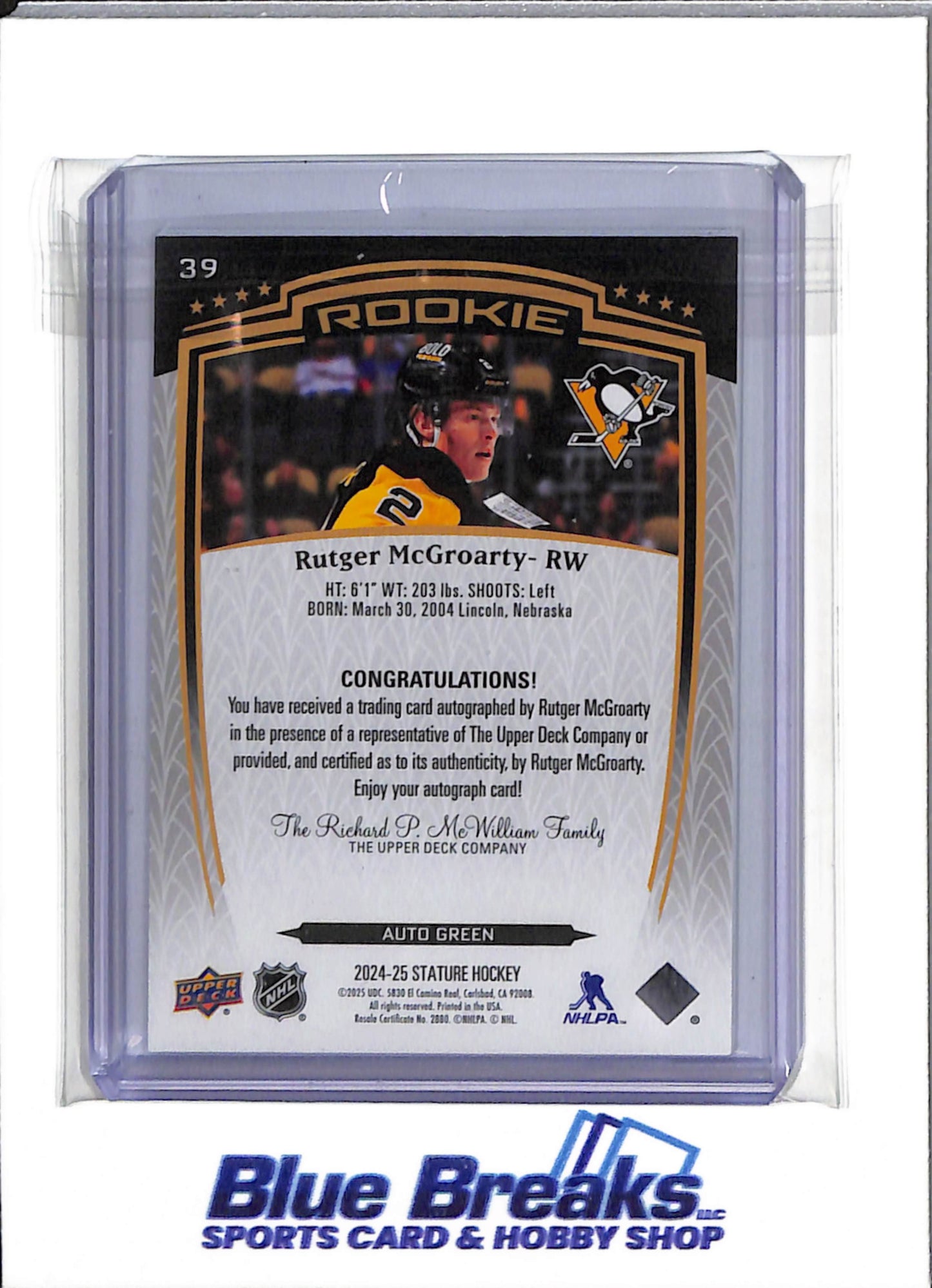 2024-25 Upper Deck - Stature Rookie Auto - Green Foil - Rutger McGroarty - 181/199 - #39 - Ice Hockey - Penguins - drop