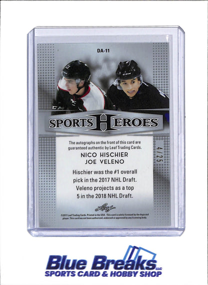 2017 Leaf - Sports Hero - Silve Wave Foil - Dual Autograph - Nico Hischier and Joe Veleno - 4/25 - #DA-11 - Ice Hockey - Devils and Canadiens - drop