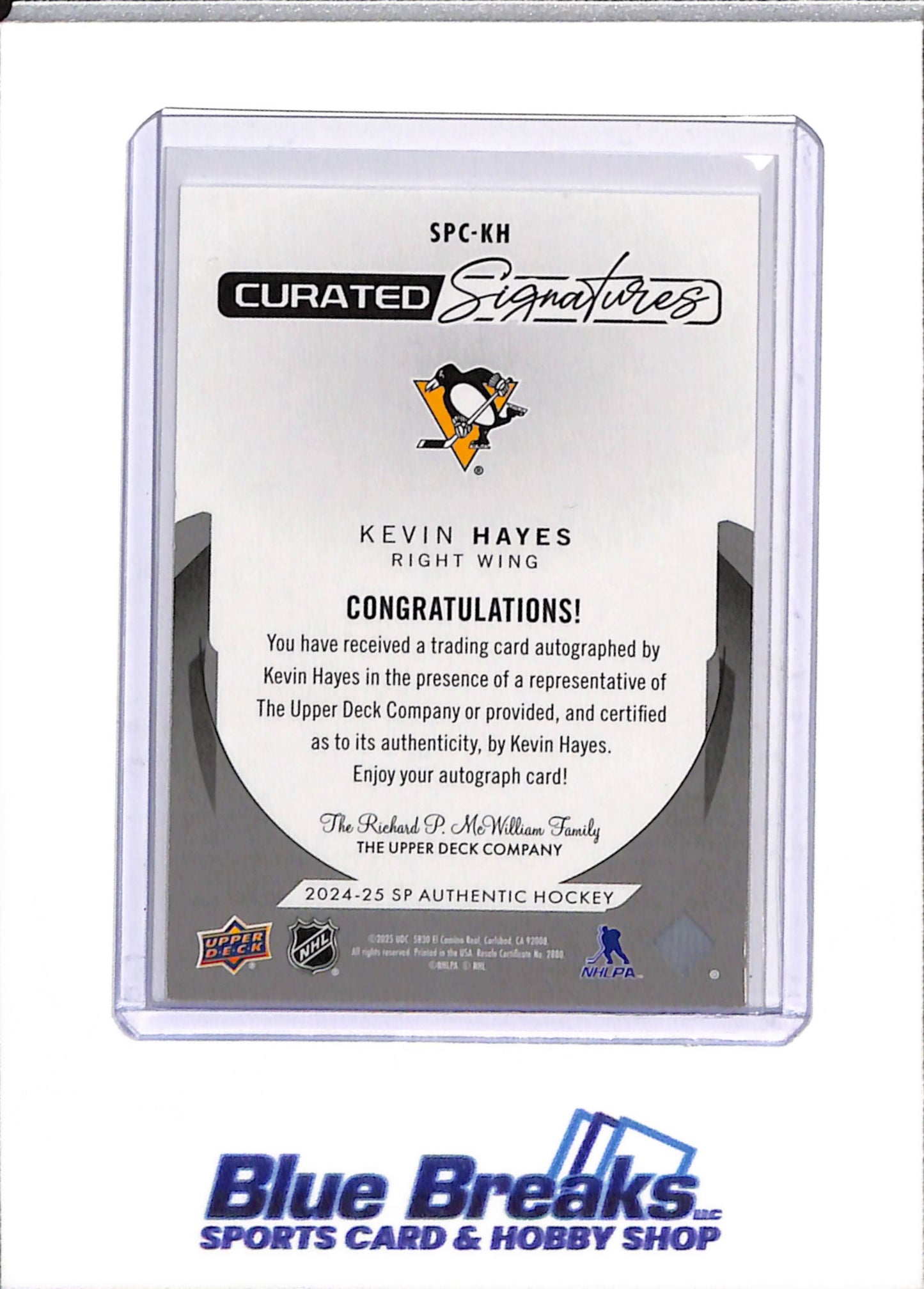 2024-25 Upper Deck - Curated Signatures - Kevin Hayes - 215/299 - #SPC-KH - Ice Hockey - Penguins - drop