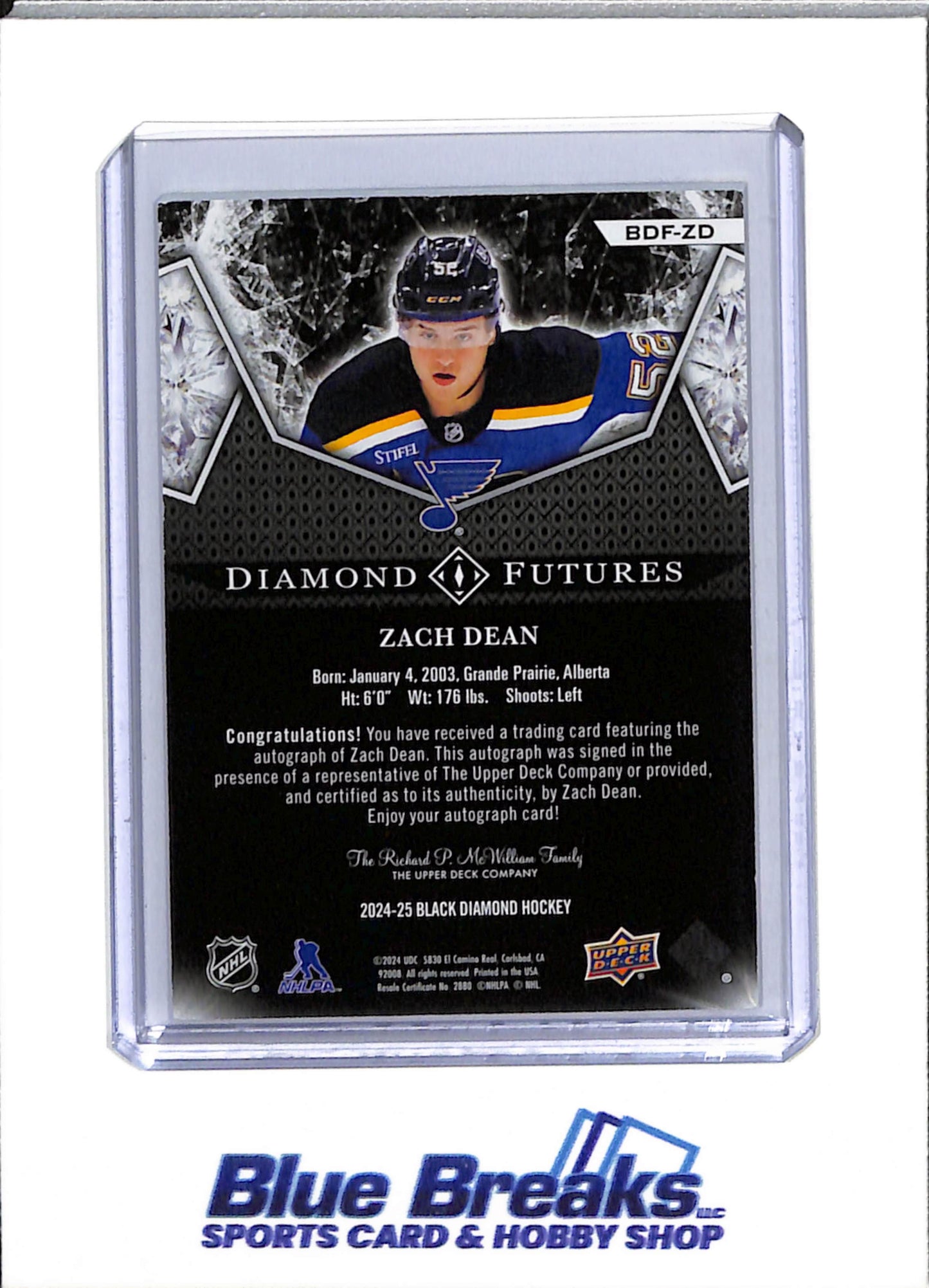 2024-25 Upper Deck - Black Diamond - Diamond Futures - Auto - Gold/Black Foil - Zach Dean - 50/65 - #BDF-ZD - Ice Hockey - Thunderbirds - drop