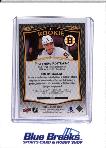 2023-24 Upper Deck - Stature Rookie - Auto - Matthew Poitras - #41 - Ice Hockey - Bruins - drop