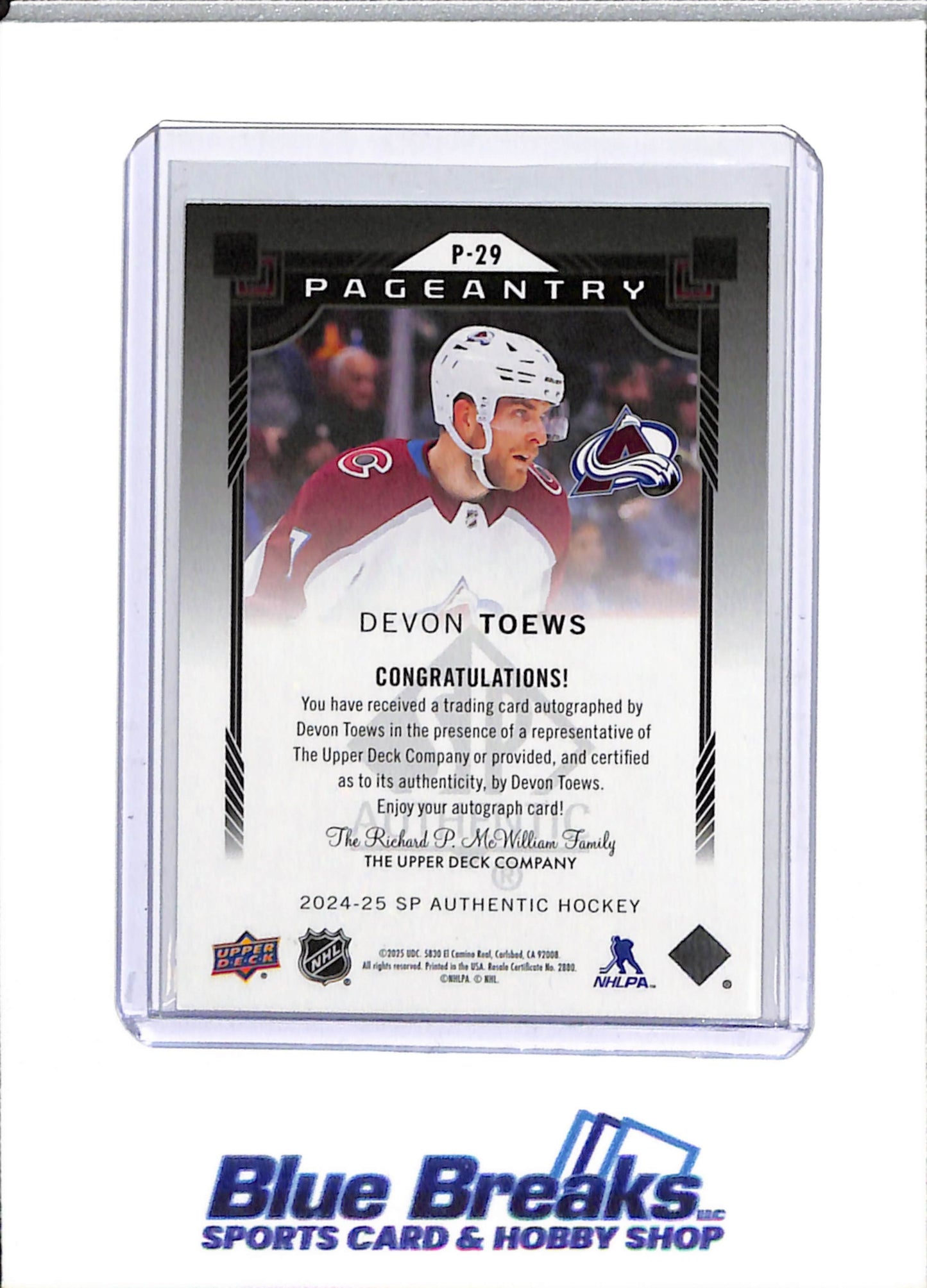 2024-25 Upper Deck - Pageantry - Silver Square Foil - Auto - Devon Toews - #P-29 - Ice Hockey - Avalanche - drop
