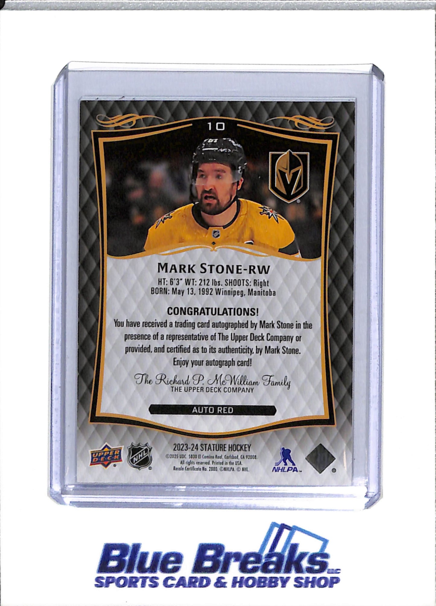 2023-24 Upper Deck - Stature Red Foil Auto - Mark Stone - 57/99 - #10 - Ice Hockey - Golden Knights - drop