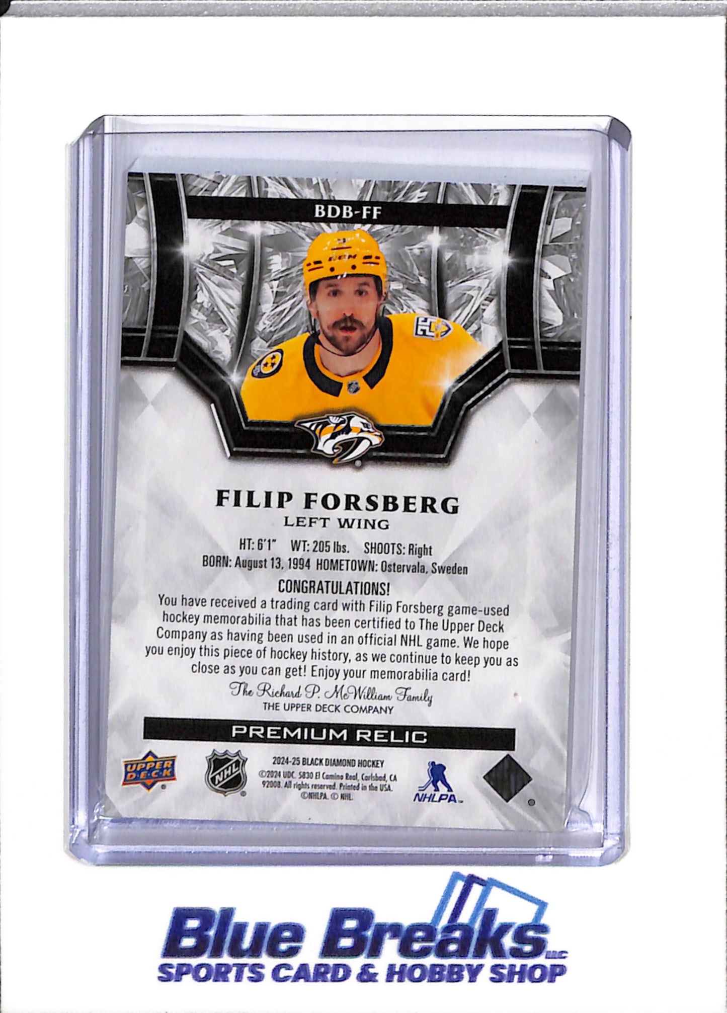 2024-25 Upper Deck - Black Diamond - Premium Relic - Filip Forsberg - 26/50 - #BDB-FF - Ice Hockey - Predators - drop