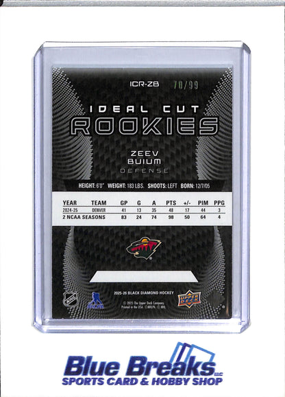 2025-26 Upper Deck - Ideal Cut Rookies - Black Diamond - Zeev Buium - 70/99 - #ICR-ZB - Ice Hockey - Wilds - drop