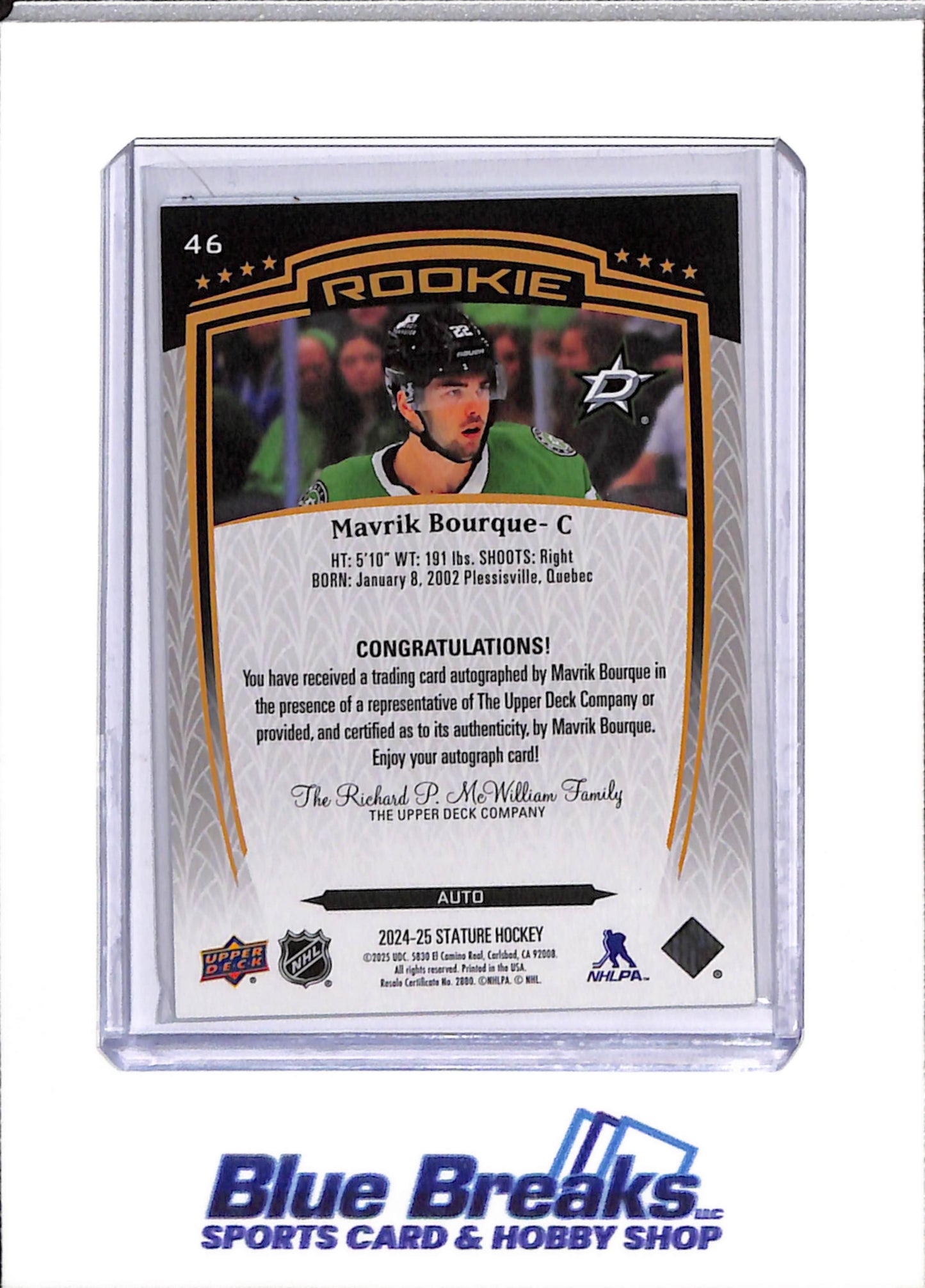 2024-25 Upper Deck - Stature Rookie - Auto - Mavrik Bourque - #46 - Ice Hockey - Stars - drop