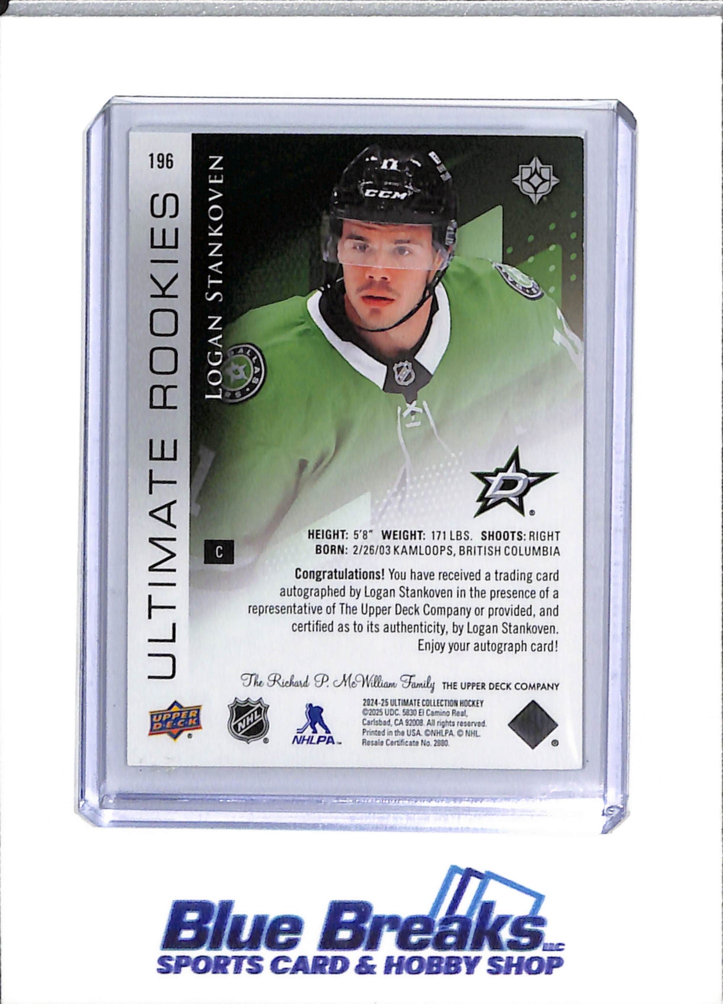 2024-25 Upper Deck - Ultimate Collection - Ultimate Rookies - Logan Stankoven - 99/99 - #196 - Ice Hockey - Stars - drop