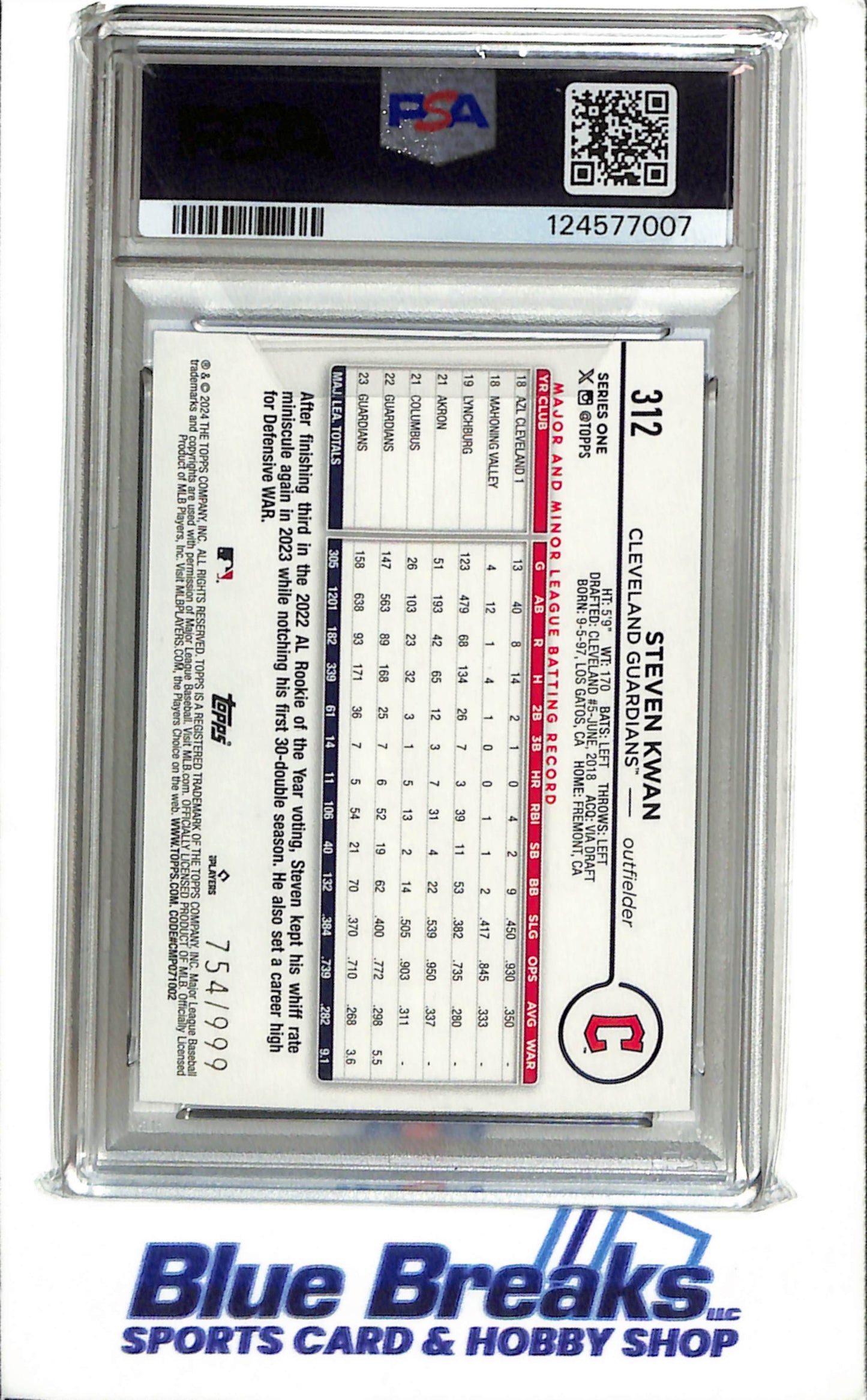 2024 Topps - Series One - Blue Foil - Steven Kwan - 754/999 - #312 - Baseball - Guardians - drop