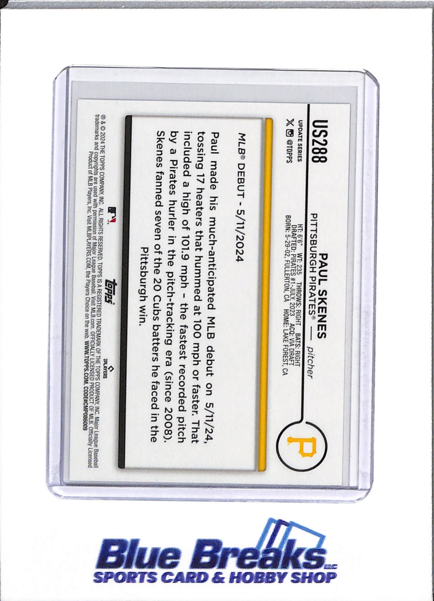 2024 Topps - Updated Series - White/Black - Paul Skenes - #US288 - Baseball - Pirates - drop