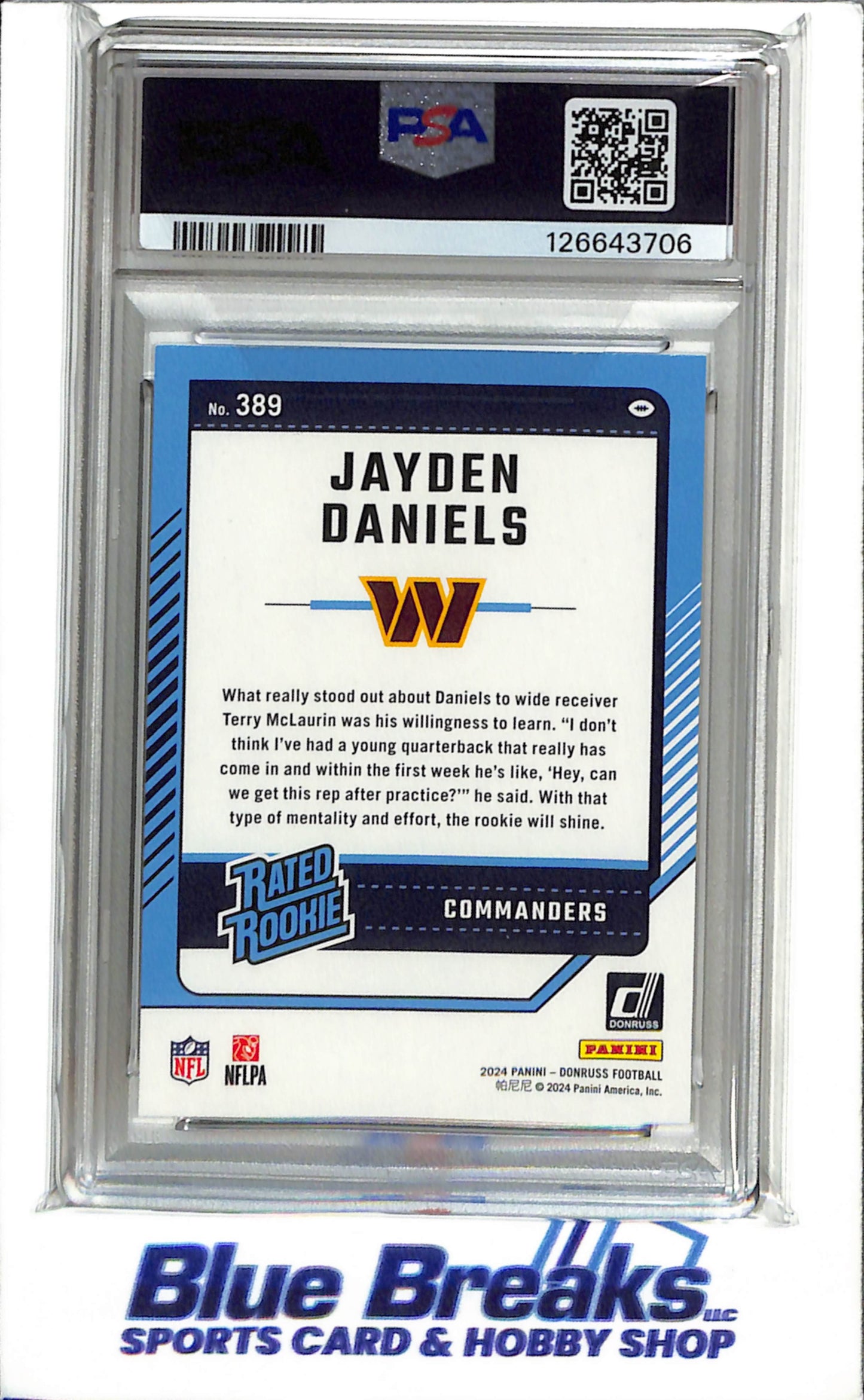 2024 Panini - Donruss - Rated Rookie - Jayden Daniels - PSA9 - #389 - Football - Commanders - drop