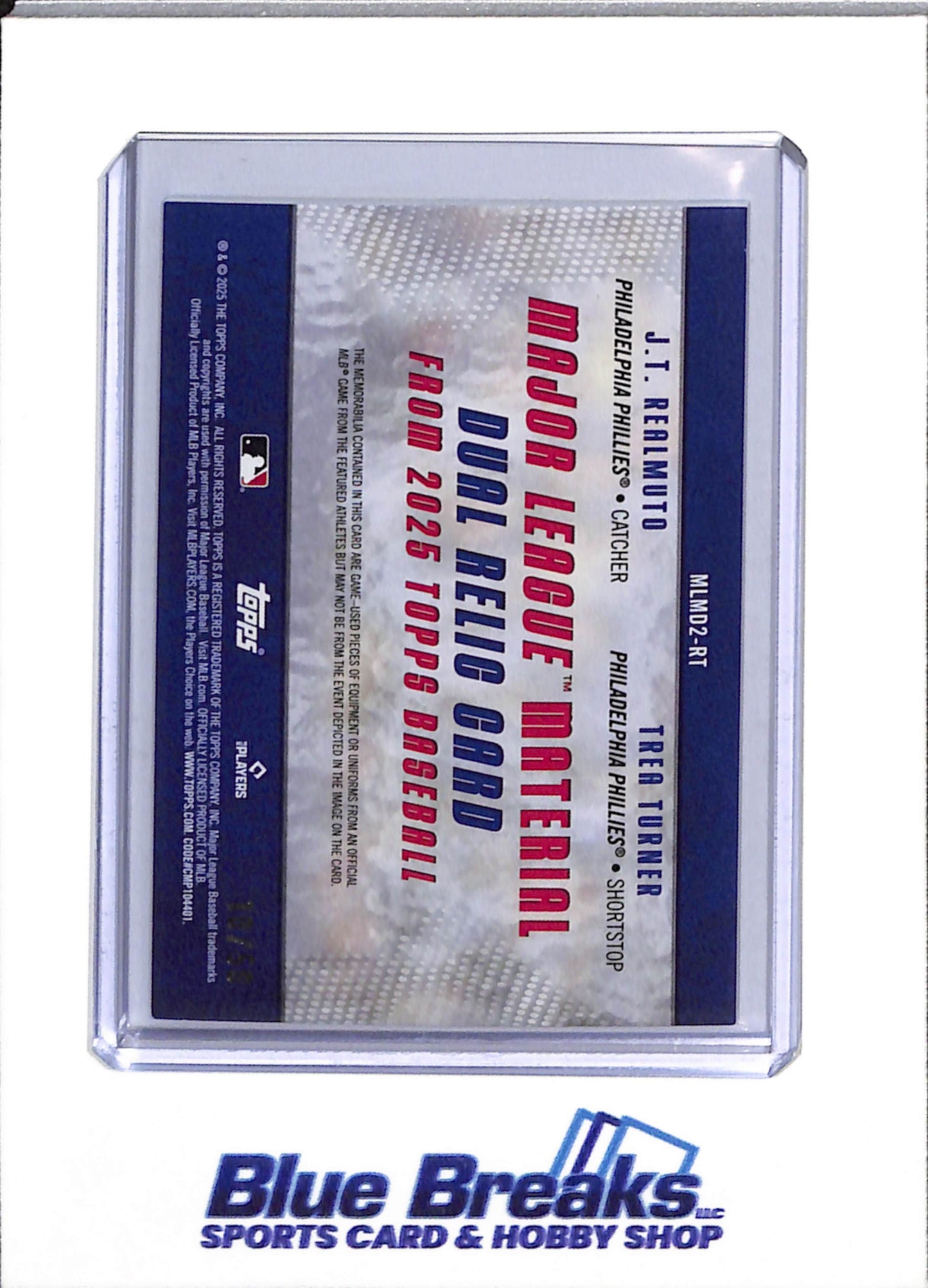 2025 Topps - Major League Material - Dual Relic Card - Game Used - JT Realmuto Trea Turner - 10/50 - #MLMD2-RT - Baseball - Phillies - drop