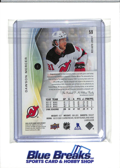 2024-25 Upper Deck - Game Used Edition - Red Auto Jersey - Dawson Mercer - 092/149 - #59 - Ice Hockey - Devils - drop