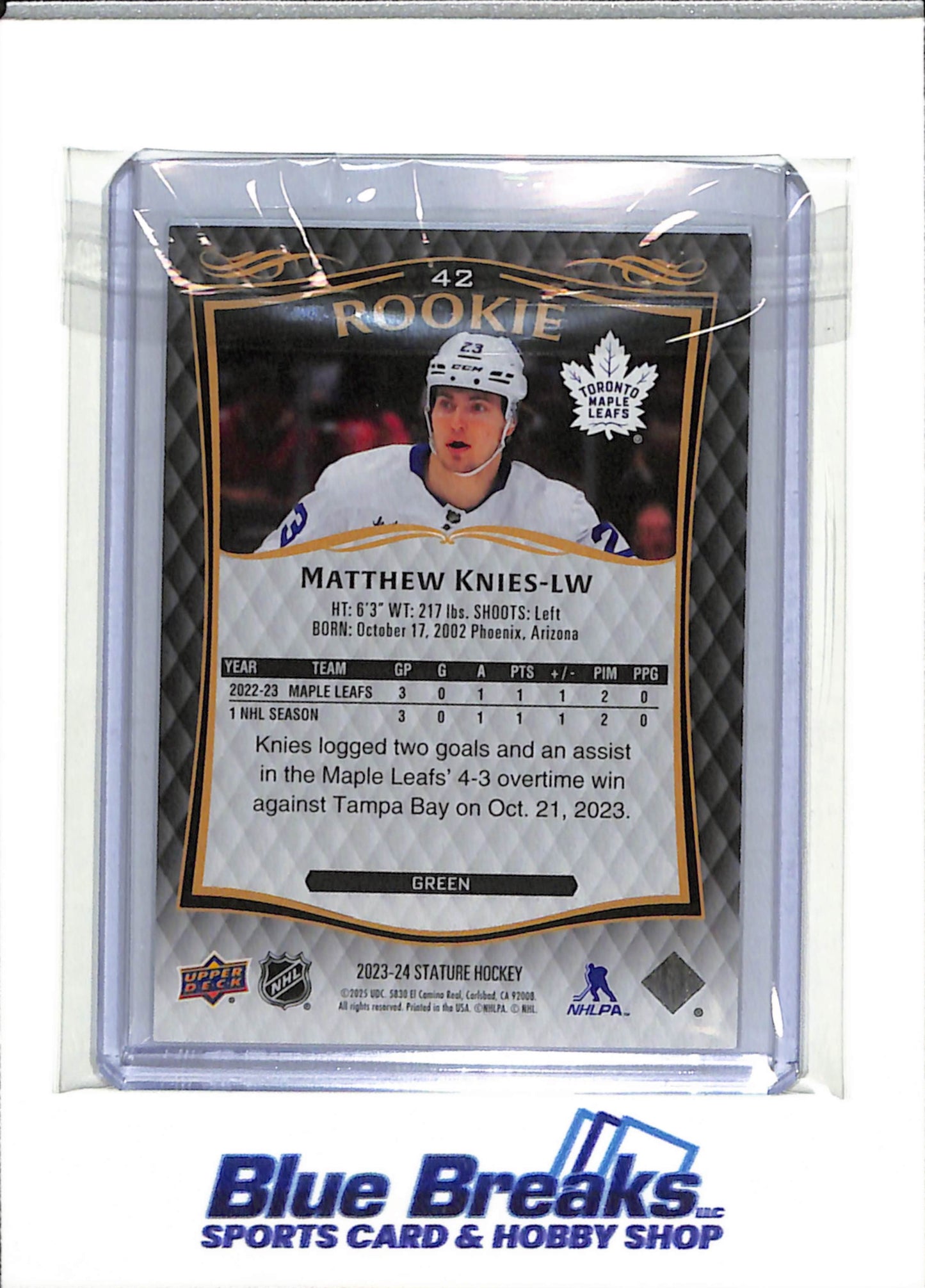 2023-24 Upper Deck - Stature Rookie - Green - Matthew Knies - 195/375 - #42 - Ice Hockey - Maple Leafs - drop
