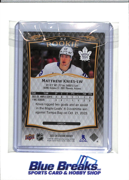 2023-24 Upper Deck - Stature Rookie - Green - Matthew Knies - 195/375 - #42 - Ice Hockey - Maple Leafs - drop