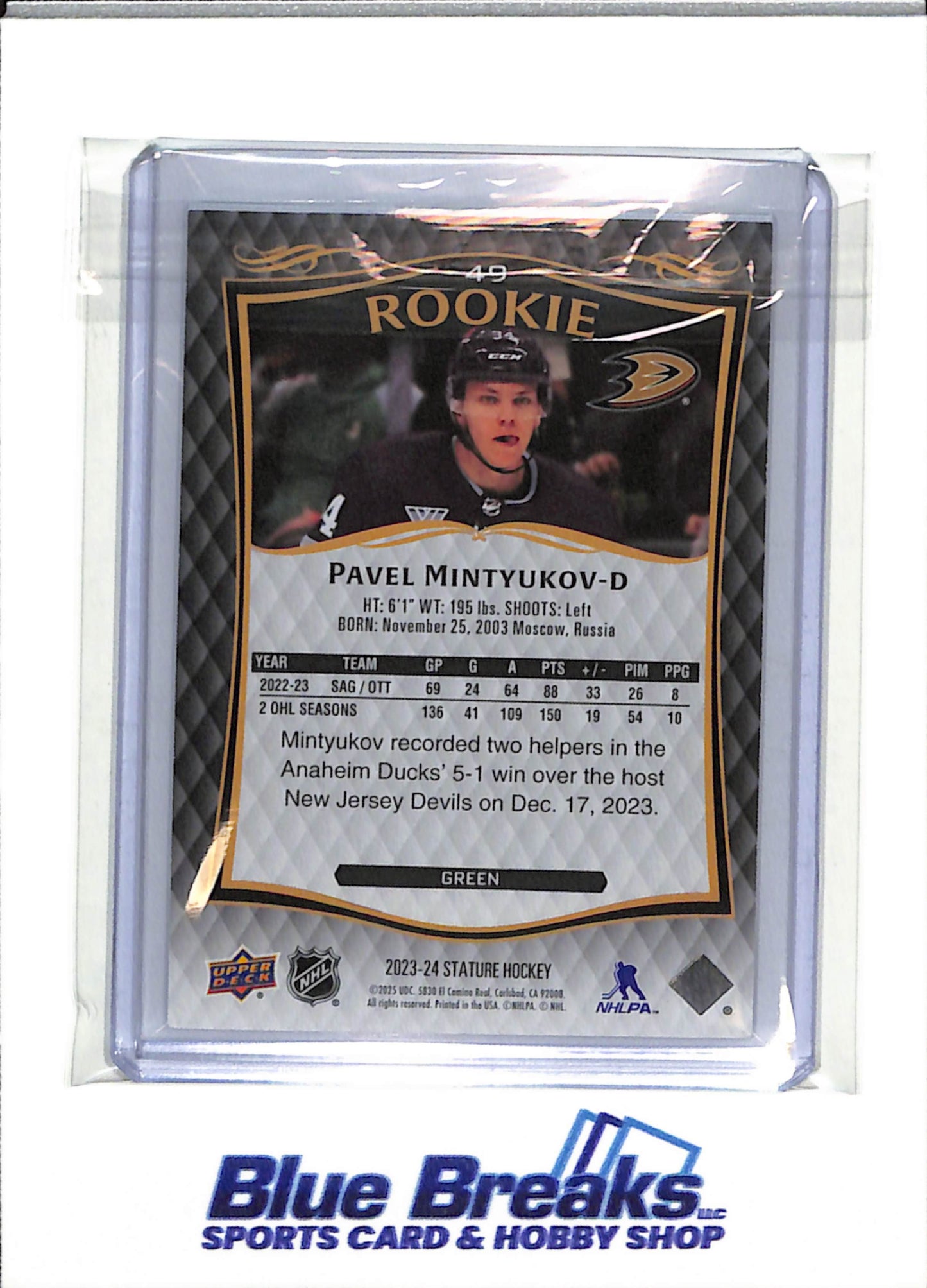 2023-24 Upper Deck - Stature Rookie - Green Foil - Pavel Mintyukov - 021/375 - #49 - Ice Hockey - Ducks - drop