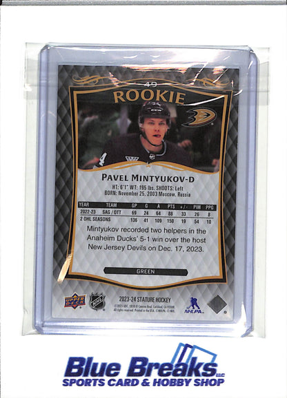 2023-24 Upper Deck - Stature Rookie - Green Foil - Pavel Mintyukov - 021/375 - #49 - Ice Hockey - Ducks - drop