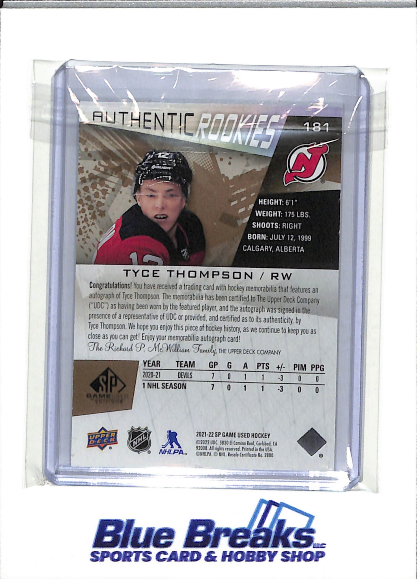 2021-22 Upper Deck - Authentic Rookies - Game Used Edition - Jersey - Auto - Tyce Thompson - 126/135 - #181 - Ice Hockey - Barys Astana - drop
