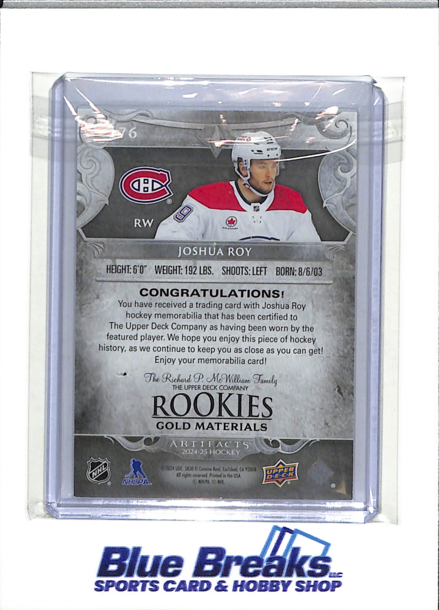 2024 Upper Deck - Artifacts - Rookies - Joshua Roy - 009/499 - #176 - Ice Hockey - Canadiens - drop