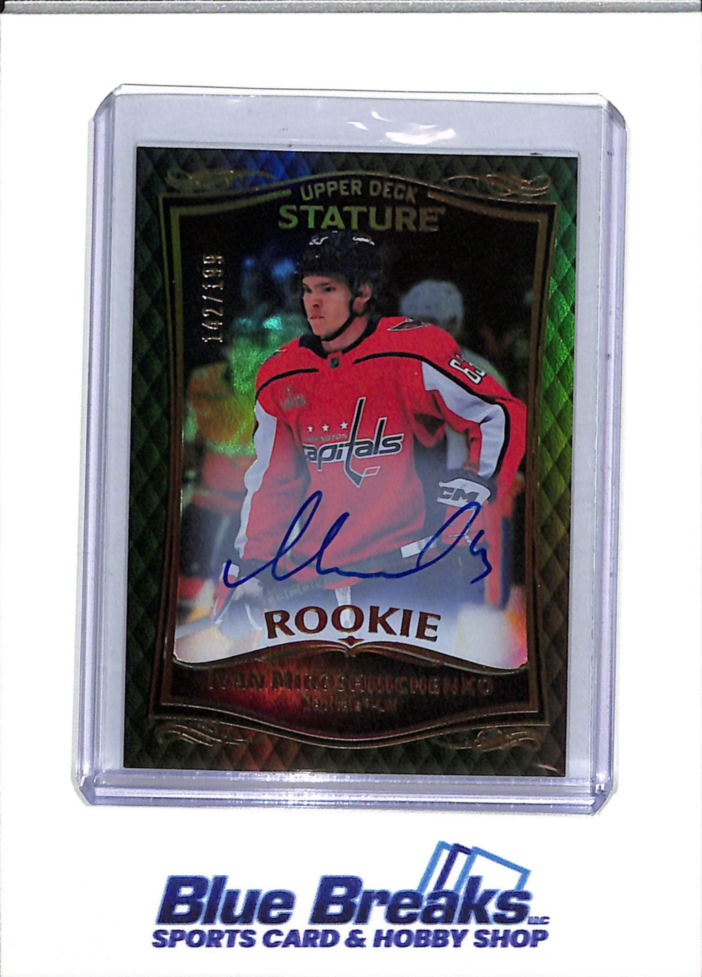 2023-24 Upper Deck - Stature Rookie Auto - Green Boarder - Ivan Miroshnichenko - 142/199 - #33 - Ice Hockey - Capitals - drop