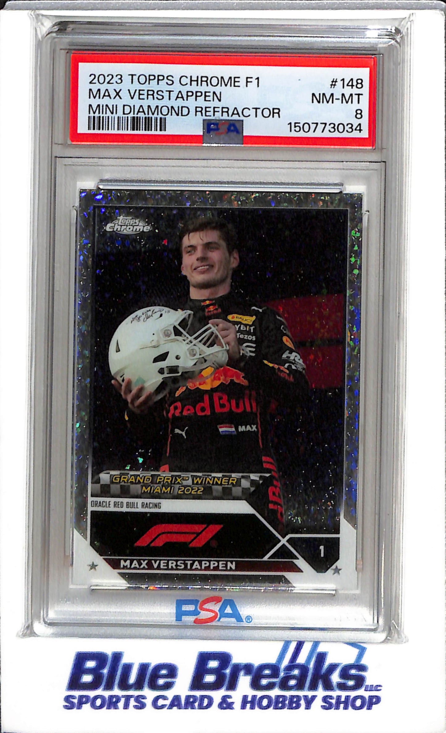 2023 Topps - Chrome - Mini Diamond Refractor - Max Verstappen - PSA8 - 133/299 - #148 - Racing - F1 - Red Bull - drop