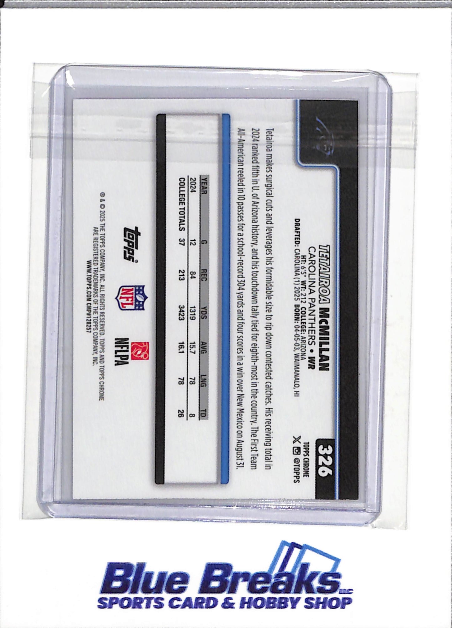 2025 Topps - Chrome - Rookie Card - Pink Ray Wave Refractor - Tetairoa McMillan - 187/250 - #326 - Football - Panthers - drop