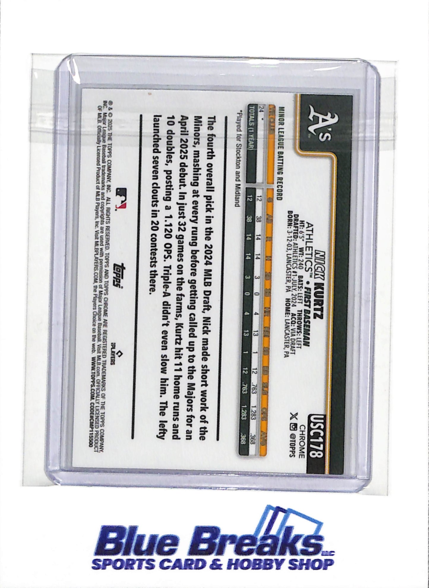 2025 Topps - Chrome - Rookie Card - Silver X Fractor - Nick Kurtz - #USC178 - Baseball - Athletics - drop