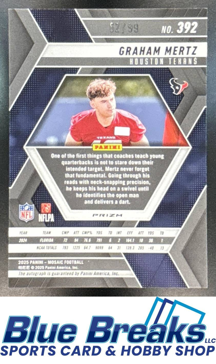 2025 Panini Mosaic Rookie Auto Blue Prizm Graham Mertz RC 62 /99 #392 RC Texans