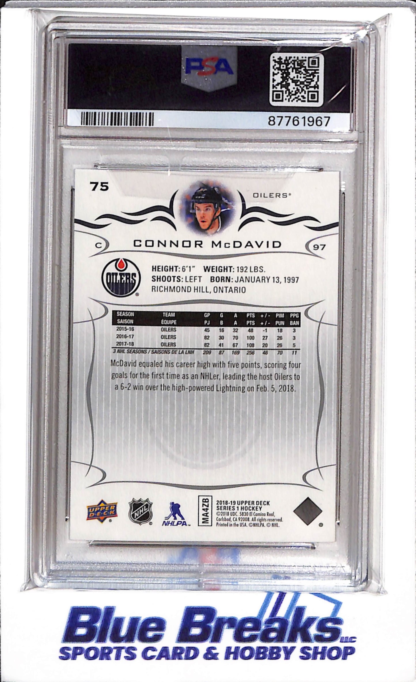 2018 Upper Deck - Connor McDavid - PSA10 - #75 - Ice Hockey - Oilers - drop