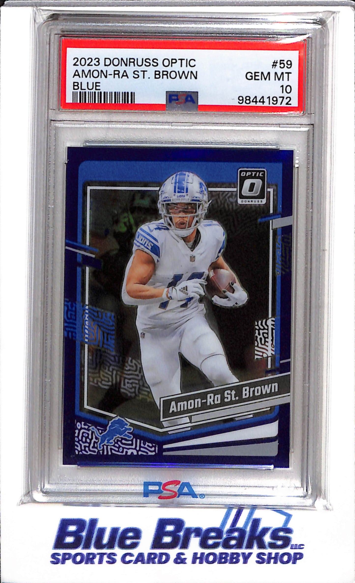 2023 Panini - Donruss Optic - Blue - Amon-Ra St. Brown - PSA10 - 198/199 - #59 - Football - Lions - drop
