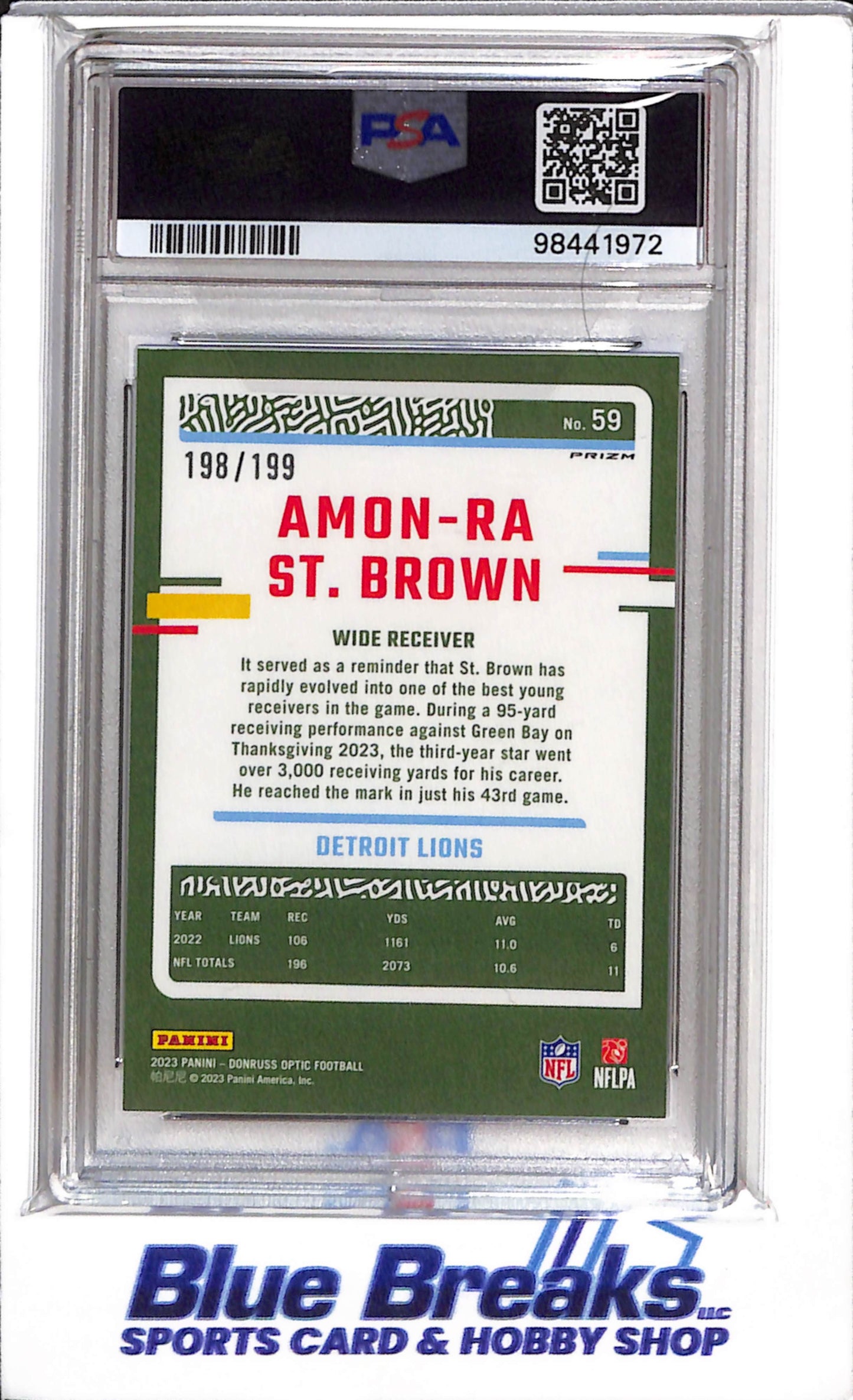2023 Panini - Donruss Optic - Blue - Amon-Ra St. Brown - PSA10 - 198/199 - #59 - Football - Lions - drop