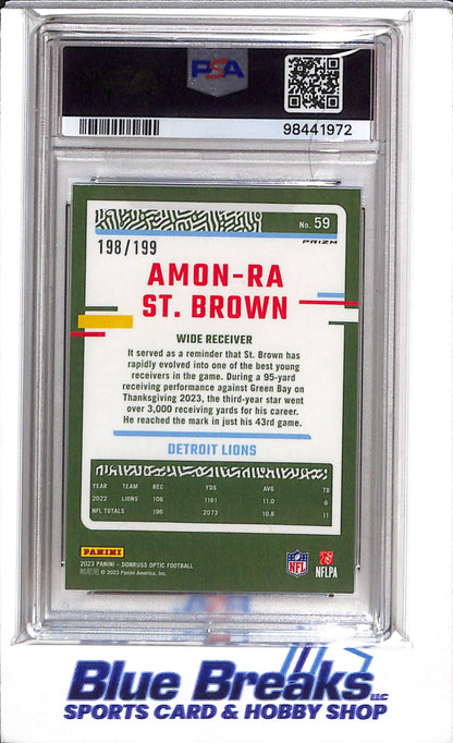 2023 Panini - Donruss Optic - Blue - Amon-Ra St. Brown - PSA10 - 198/199 - #59 - Football - Lions - drop