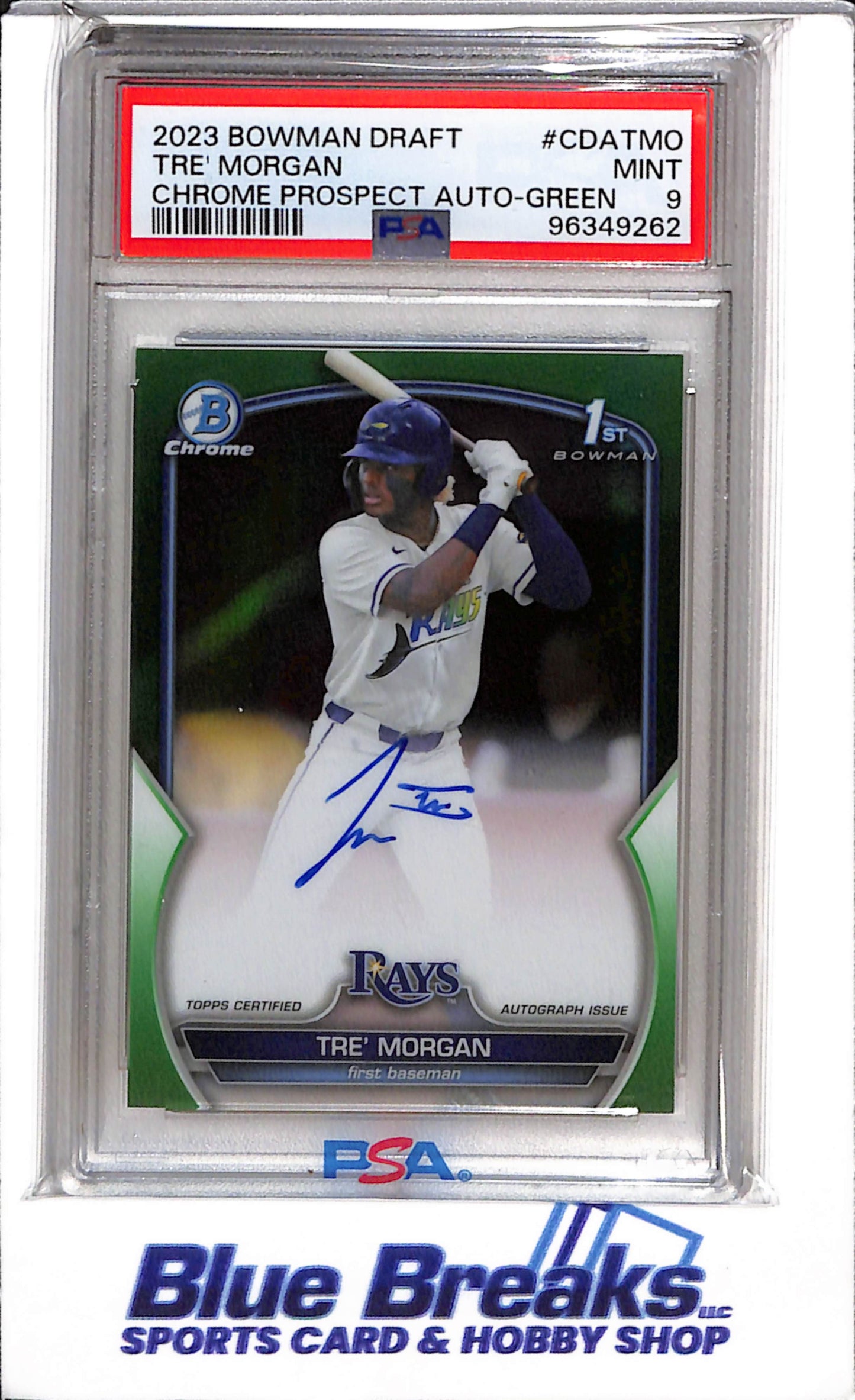 2023 Panini - Bowman Chrome - Prospect - Auto Green - Tre' Morgan - PSA9 - 75/99 - #CDA-TMO - Baseball - Ray's - drop