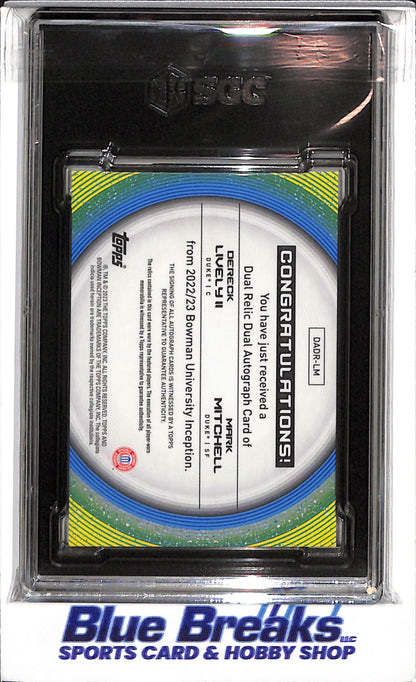 2022-23 Topps - Bowman U. - Relics, Orange Foil - Inception Dual Auto - Lively II/Mitchell - SGC9.5 - 23/25 - #DADR-LM - Basketball - Duke - drop