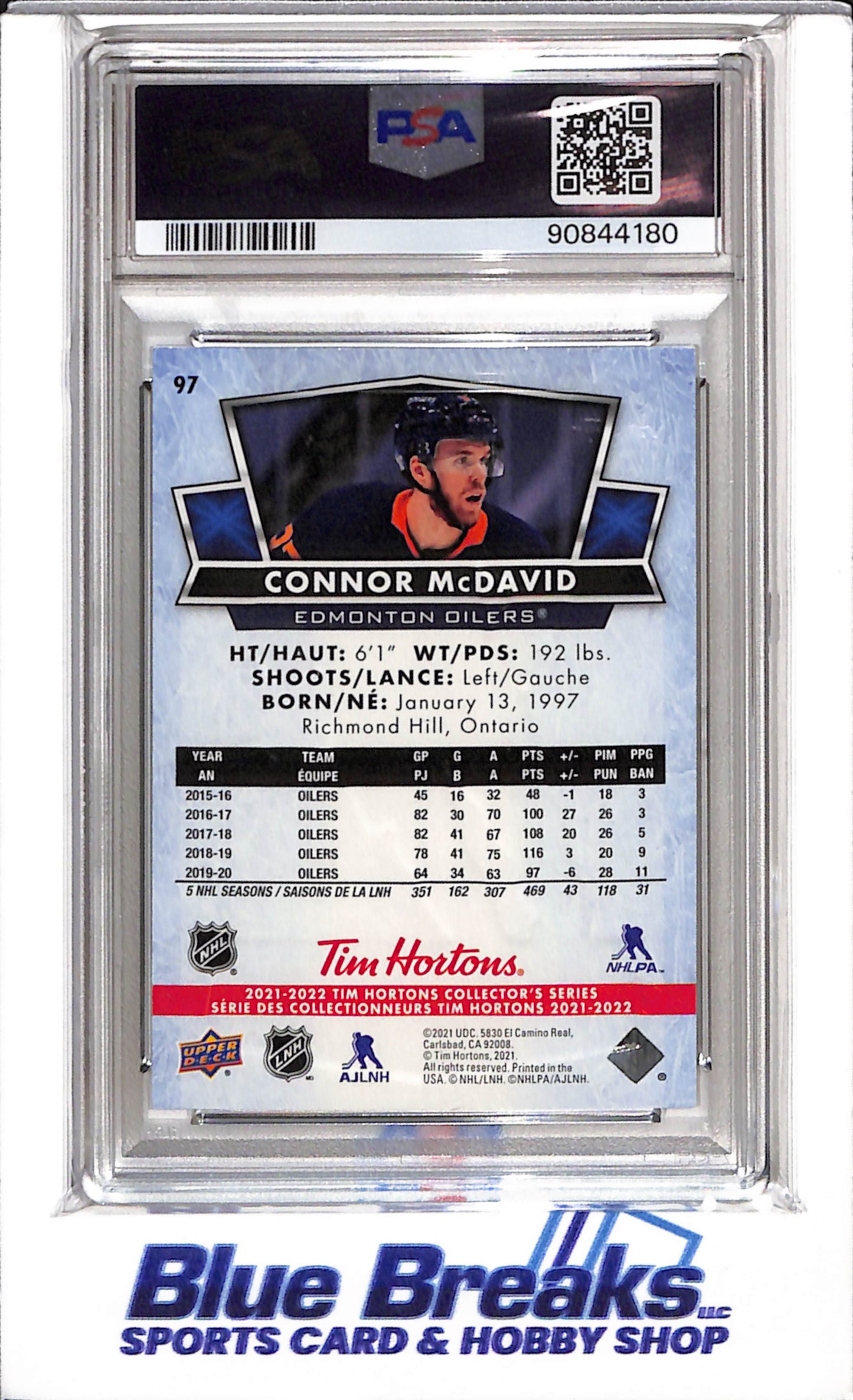 2021 Upper Deck - Tim Hortons - Connor McDavid - PSA10 - #97 - Ice Hockey - Oilers - drop