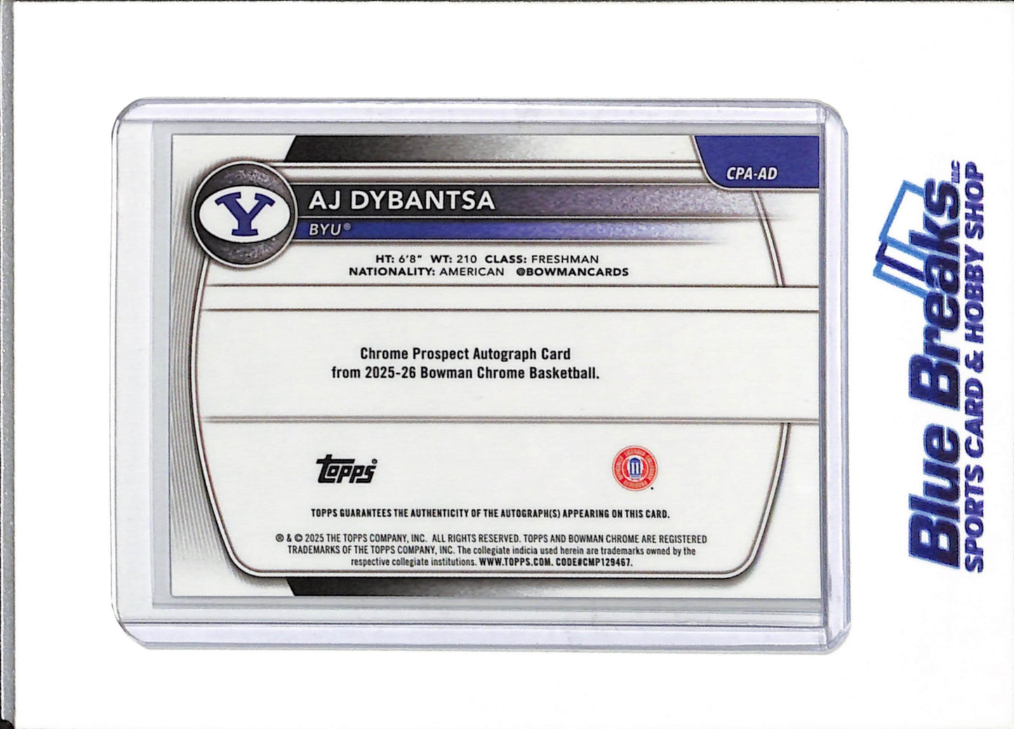 2025 Bowman Chrome U - Silver Sparkle - Auto - AJ Dybantsa - 223/299 - #CPA-AD - Basketball - BYU